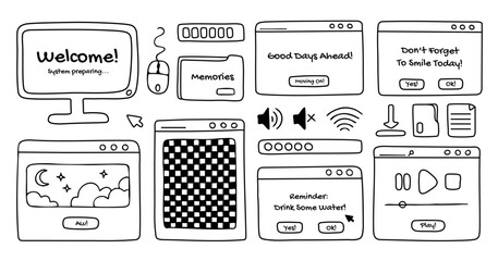 Wall Mural - computer windows and open dialog frames doodles, screen, folders and other pc user interface signs a