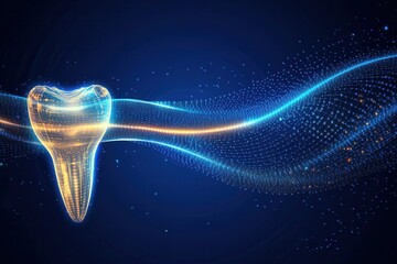 Aufkleber - Dynamic abstract background illustrating glowing golden waves that express the healing and strength of dental implants with futuristic light elements