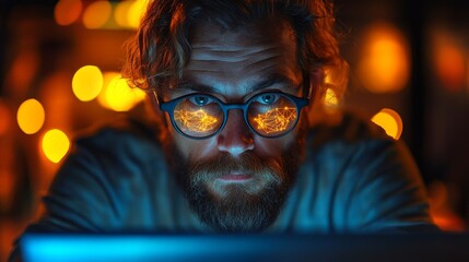 Aufkleber - A person focuses intently on a laptop screen, with visualizations of quantum concepts like superposition and entanglement reflected in their glasses. The ambient light creates an engaging atmosphere.