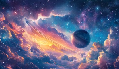 Wall Mural - planet with rings rising in colorful space nebula and clouds; ideal for print