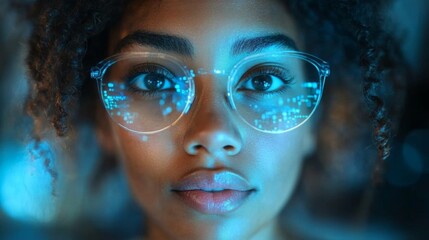 Leinwandbilder - A young woman is engaged in studying quantum computing concepts, including qubits and entanglement. Her glasses reflect digital data, showcasing the fusion of technology and learning.