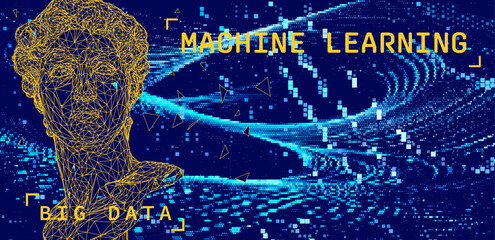 Aufkleber - Vector illustration of a human face formed by yellow geometric lines, set against a digital backdrop. Modern cover highlights the theme of artificial intelligence and technology.