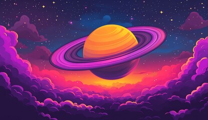 Wall Mural - saturn graphic rising in the night sky with clouds for cosmic inspiration