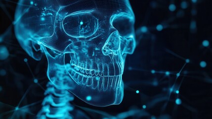 Blueprint displaying jawbone implants with glowing outlines in dark medical background showcasing detailed dental structure