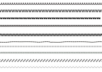 Vector sewing machine stitches. Seamless sewing seam lines pattern for fabric structure. Embroidery cloth edge texture. Stitching seams, stitched sew isolated on white background. Fashion seam brush.