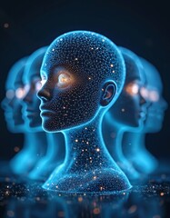Fototapete - Digital blue AI human figures with neural network. Tech concept of modern artificial intelligence system, machine learning, digital transformation, virtual reality, metaverse, big data, data science.