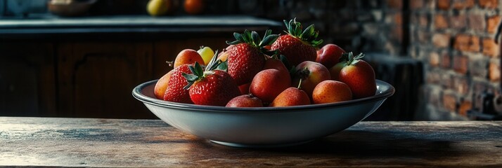 Aufkleber - Fresh fruit bowl featuring ripe strawberries in a rustic kitchen setting