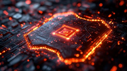 Aufkleber - This visual showcases a detailed circuit board illuminated by red lights, representing a complex quantum computing environment focused on encryption and security measures against eavesdropping.
