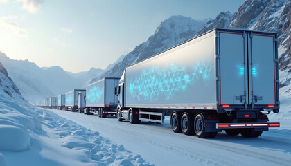 Aufkleber - Trucks with connected sensors optimize temperature controlled shipments driving along snowy road in mountains. Logistics network supply chain featuring datum automation efficiency for monitoring