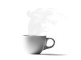 A white ceramic coffee cup filled with hot espresso, steam rising elegantly, high-detail photography style, white background