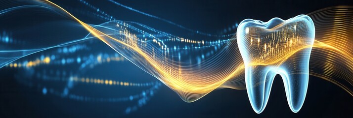 Poster - Glowing golden waves represent healing and strengthening in dental implants with futuristic light streaks in a dynamic abstract background