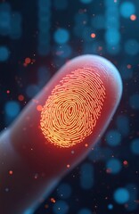 Fototapete - Advanced biometric security system with digital glowing fingerprint identification. Futuristic tech interface with datum access authentication, virtual scan. Modern electronic interactive privacy