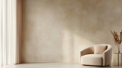 Poster - Minimalist modern living room with a beige wall background, featuring a stylish armchair and a window. Simple and raw interior design with a soft, neutral color palette and contemporary aesthetic.