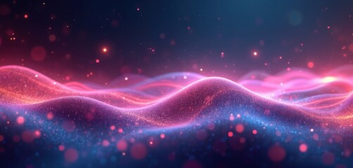 Poster - Abstract neon background with wavy glowing lines. Pink, blue and orange colors with bokeh light effects. Futuristic tech wallpaper, digital data transfer concept. AI generative art.