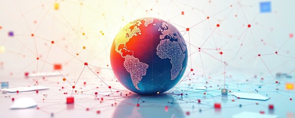 Poster - Digital artwork of Earth globe surrounded by geometric patterns. Abstract technology, connectivity themes like global network communication. Interconnected vibrant design, datum, square, circle