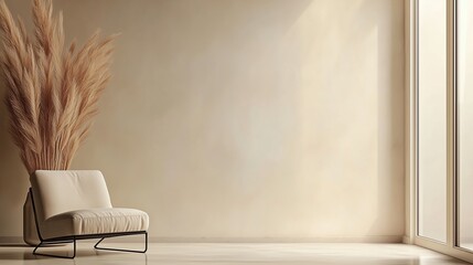 Poster - Minimalist modern living room with a beige wall background, featuring a stylish armchair and a window. Simple and raw interior design with a soft, neutral color palette and contemporary aesthetic.