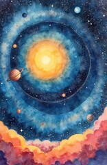 Fototapete - Hand drawn watercolor painting of Solar System. Colorful artistic cosmos pattern, abstract texture. Vertical artistic template with planets, stars, sky and clouds for creative design projects.