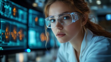 Aufkleber - Focused researcher examines data on quantum entanglement and superposition, utilizing cutting-edge technology in a modern laboratory setting to advance scientific understanding.