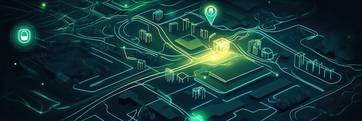 Leinwandbilder - Futuristic digital city map showcasing delivery routes and tracking icons with glowing path to home location