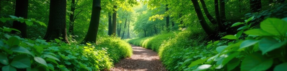 Wall Mural - Forest trail meandering through dense foliage, leafy, nature, verdant