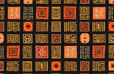 Poster - Seamless geometric pattern with bold lines, square shapes, varied tribal designs inside. Orange, yellow ethnic art. Abstract graphic, decorative, modern textile for print, background, fabric.