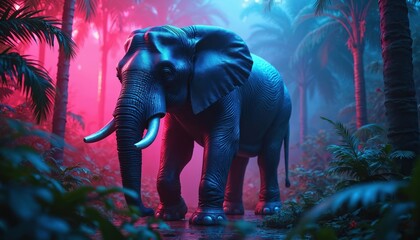 Aufkleber - Neon elephant walks in jungle with palm trees at night. Glowing animal in tropical forest artwork. Digital illustration, concept art. Sci-fi background with fantasy, surreal vibes.