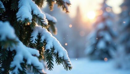 Wall Mural - Snowflakes fall gently on frozen trees branches, trees, winter