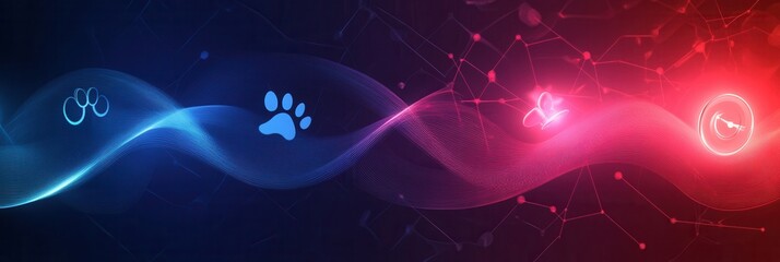 Poster - Dynamic veterinary emergency background with abstract energy waves and medical symbols in vibrant blue and red gradient