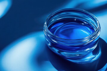 Poster - Vibrant blue liquid in a glass container resting on a smooth surface reflects light effects