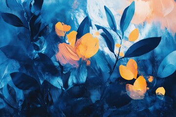 Leinwandbilder - Bright yellow flowers contrast against deep blue foliage in an abstract art piece