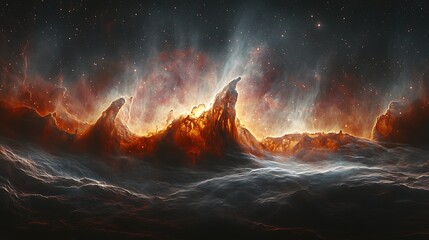 Wall Mural - Cosmic nebula landscape, star formation, space panorama, celestial display