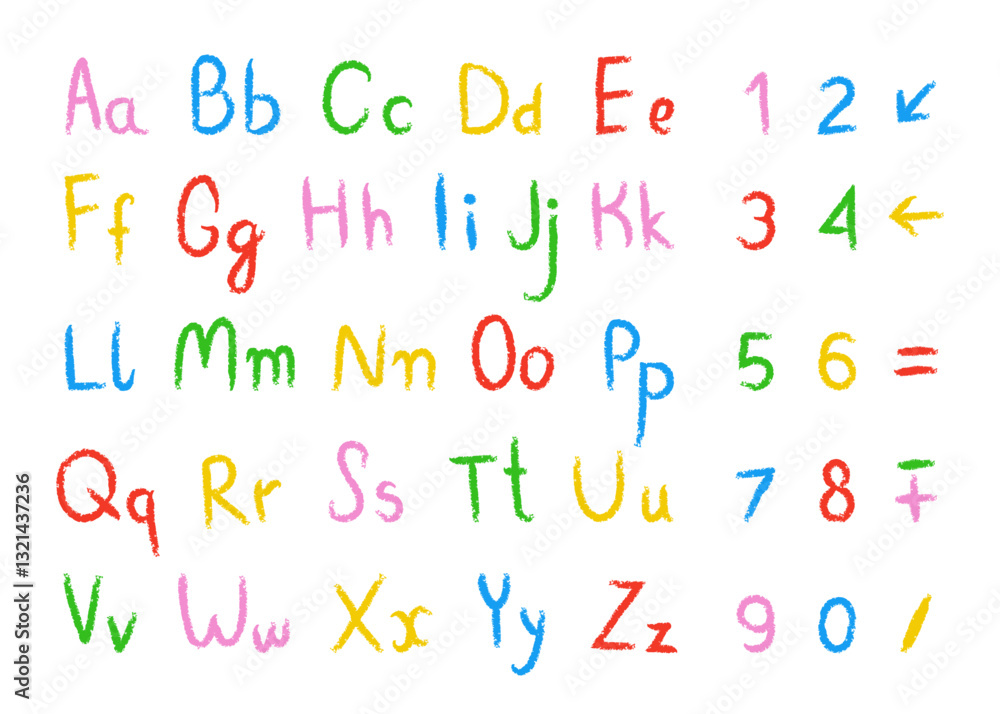 Hand drawn colored crayons English alphabet letters, numbers and math ...