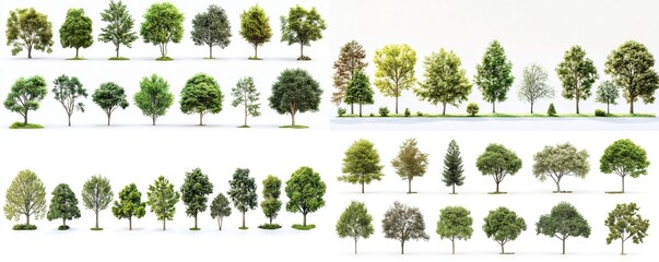 Collection of various tree models isolated on white background.