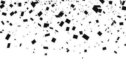 a dynamic arrangement of black squares scattered across a white background creating a visually strik
