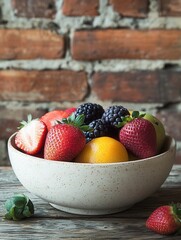 Aufkleber - Fresh fruit bowl artfully arranged on a wooden table in a rustic kitchen with brick walls