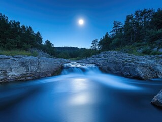 Wall Mural - a serene river scene under the light of a full moon