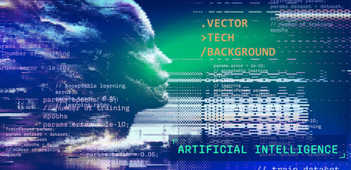 Aufkleber - The vector illustration features a pixelated human face with lines of code on a blue background, highlighting 