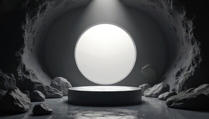 Leinwandbilder - Minimalistic product display podium in cave illuminated by spotlight. Black pedestal with rocks around on stage scene showcase for advertisement, presentation. Abstract background, decorative
