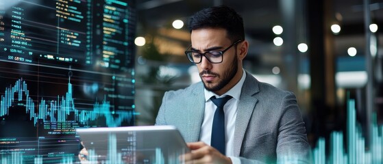 Leinwandbilder - A man in a suit is looking at a tablet with a screen displaying financial data