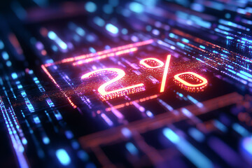 futuristic digital percentage display in neon lights on a data background.