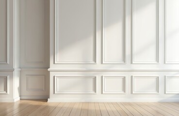 Aufkleber - Minimalist interior with white wall paneling and wooden floor creating serene atmosphere. Soft light and shadows give depth to elegant design. Empty room is great for furniture placement.