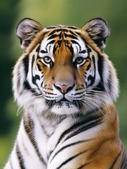Poster - Close-up portrait of a tiger gazing directly at the camera with detailed fur against a blurred background in a natural habitat