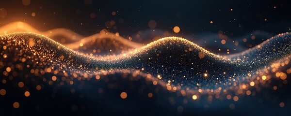Poster - Abstract futuristic background with glowing wave of dots. Golden, blue colors on black. Digital design with dynamic flow, energy motion. Tech wallpaper for presentation, banner or modern project.