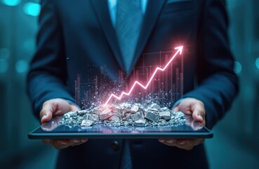 Aufkleber - Rising silver prices concept. Investment in precious metals in stock market. Businessman holds tablet with chart, graph going up. Financial background. Growing wealth, fortune.