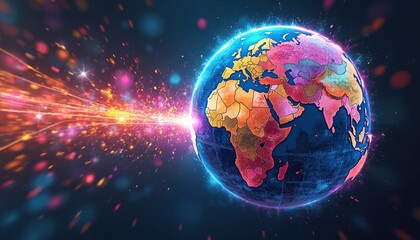 Poster - Abstract digital globe with continents map radiating energy beams. Concept of worldwide connection, global tech, international business communication, cultural exchange around planet. Global network,