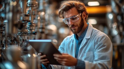 Poster - In a modern laboratory, a researcher in a lab coat and safety goggles examines data on a tablet, conducting experiments related to quantum mechanics, including superposition and entanglement.