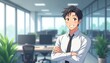 © miss irine - Cheerful anime businessman stands arms crossed in modern office workspace. Successful adult male exudes confidence, smiles. Bright interior, positive energy, career ambition, individuality, teamwork,