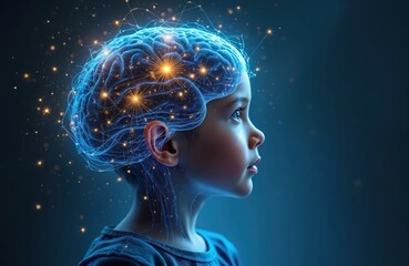 Aufkleber - Child face in profile with glowing blue brain, neural connections. Artificial intelligence, digital mind, future tech concept. Brain activity, science, learning, memory, neural network, AI generative.