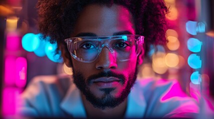 Poster - A scientist with curly hair and glasses focuses intently on quantum experiments in a colorful lab filled with glowing equipment. The atmosphere is charged with creativity and discovery.