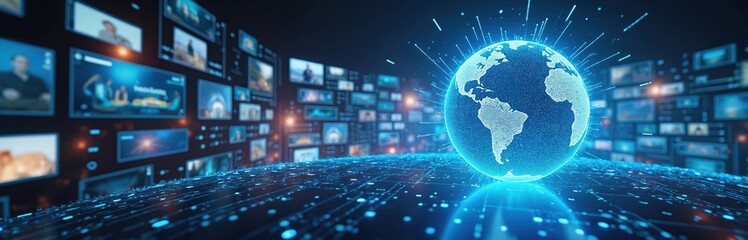 Poster - Concept of digital content, social network, streaming video. Holographic earth globe with streaming videos on background. Wide angle visual for banners or advertisements. Tech banner with world map.
